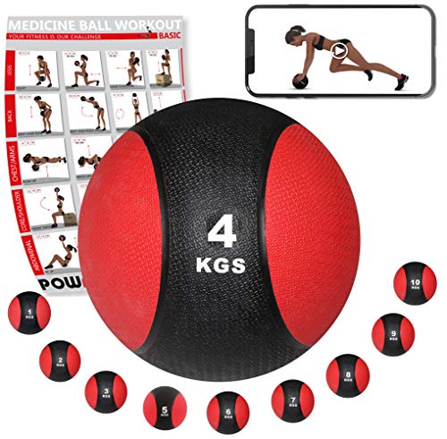 POWRX - Balón Medicinal 4 kg + PDF Workout (Negro/Rojo)