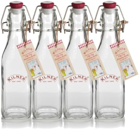 Kilner Traditional Vintage Style Square Airtight Clip Top Preserve Glass Bottles, 0.25 Litre - 4 Piece Set