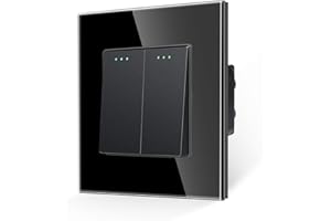 JIMEIDA Light Switch 2 Gang 1 Way Rocker Button Switch Modern Crystal Glass Black Wall Panel with Phosphor Dots,10A,250V