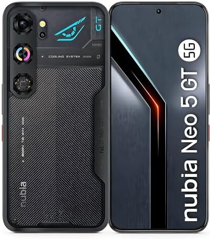nubia Neo 5 GT Smartphone 5G 6,8’’ AMOLED 120Hz, MediaTek Dimensity 7400, RAM 12GB, 256GB, Batteria 6210mAh, Fotocamera 50MP, Cooling fan, Android 16, Cover con design gaming, Black