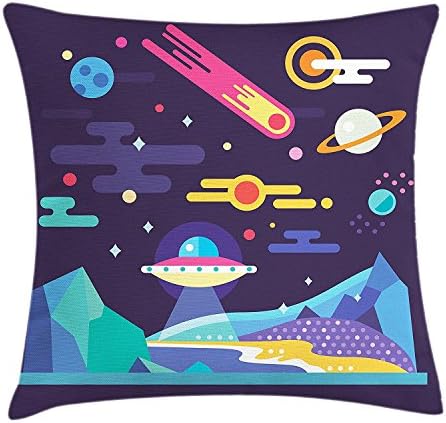 juchenjixie Space Throw Pillow Cushion Cover, Galaxy Cosmos Universe Themed Solar System Stardust Comet Ufo Planetary Illustration, Decorative Square Accent Pillow Case, 18X18 Inches, Multicolor