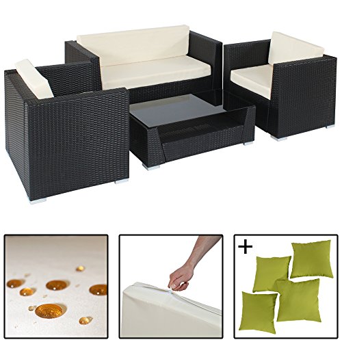 TecTake® Hochwertige Aluminium Luxus Lounge Poly-Rattan Sitzgruppe Sofa Rattanmöbel Gartenmöbel schwarz mit 2 Bezugsets und 4 extra Kissen mit Edelstahlschrauben