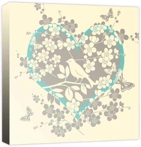 Love Cherryblossom Flowers, Bird & Butterflies Heart, Duckegg Blue, Mushroom & Cream - Canvas Art Square Print Picture - 20" x 20" (52cm x 52cm) - Framed and Ready to Hang by Rubybloom Designs