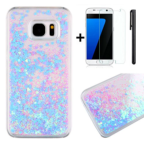 Samsung Galaxy S7 Edge Hülle,Galaxy S7 Edge Case Hülle,TOYYM 3D Kreative Glitter Glänzend Fließen Flüssig Hülle,Durchsichtig Klar Transparent Bling Hart PC Hardcase Hüllen Shiny Glanz Sparkle Stars Plastik Tasche Kristall Handytasche Hülle Etui Protective Case Cover für Samsung Galaxy S7 Edge +1x Bildschirmschutz+1x Kapazitive Feder(Farbe zufällig),Himmelblau