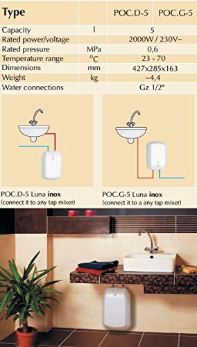Kospel Boiler Luna Inox 5 Liter 2kW 2000W 220 – 240V Kleinspeicher druckfester Untertisch - 2