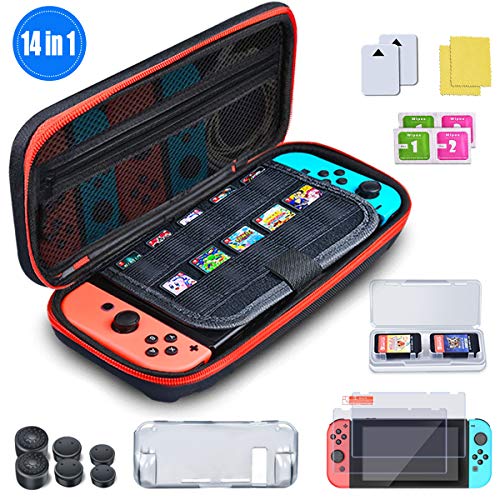 BEBONCOOL Custodia per Nintendo Switch Kit Accessori 14 in 1 per Nintendo Switch Protettiva Case con Custodia da Trasporto /TPU Custodia/Pellicola Protettiva/Rocker Cap/Box per Switch Schede di Gioco