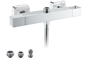Thermostatic Shower Mixer with 38°C Safety Lock,KEOKBON 2 Function Exposed Thermostatic Bath Valve Bar Wall Mounted Top Outlet 3 Size(G3/4", G1/2", 14mm) and Bottom Outlet G1/2", Chrome Square