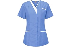 OUMSHBI Medical Scrub Tops for Women UK Protective Nurses Women's Lapel V Neck Carer Clothing Clinic Tops Tunic Women's Blouse Lightweight Medical Uniform Comfortable Work Wear Scrub Tops for Women