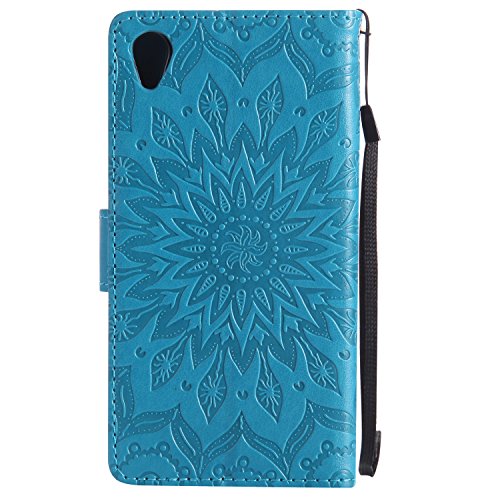 Sony Xperia M4 Hülle,Sony Xperia M4 Leder Sonnenblumen Hülle,Sony Xperia M4 Lanyard Wallet Schutzhülle,BONROY® Retro geprägte Sonnenblumen Muster PU Leder Flip Hülle Wallet Case Tasche Cover Handytasche Schutzhülle Lederhülle Handyhülle in Book Style Stand Case mit Kredit Kartenschlitz für Sony Xperia M4-blau - 2