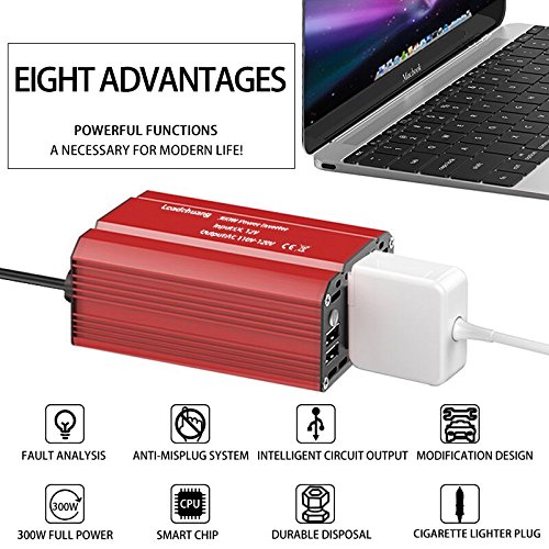 Leadchuang 300W Power Inverter DC 12V to AC 110V Car Inverter with 4 USB Charging Ports Car Adapter with AC Outlets & Durable Cigarette Lighter Plug AC Car Converter for Charging&Running Devices