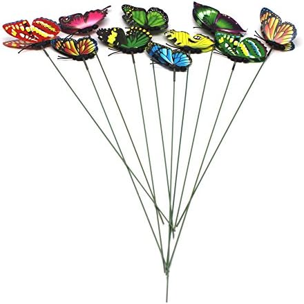 Winstory Plastic Fake Colourful Garden Butterflies on Sticks Flower Plant Pots Pack of 10 (12cm)