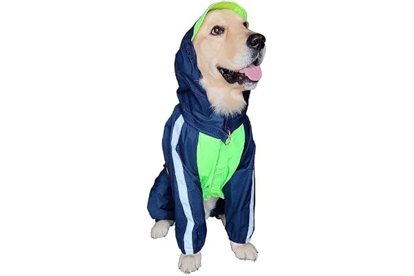 Bhumi Enterprises Dog Raincoats Rain Snow Coats Waterproof Clothing 4 Four Legs Raincoat Full-Cover Dogs Hooded Poncho(Neon Green -Navy Blue) (30)