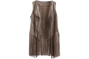 BrightGlow Chaleco con flecos para mujer, chaleco sin mangas, estilo vintage, hippie, chaleco largo con borlas, chaleco hippie, chaleco para mujer, disfraz hippie, talla S