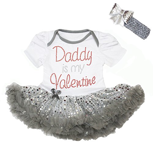 Rhinestone Daddy's Valentine White Bodysuit Gray Sequin Baby Dress Nb-18m (0-3month)