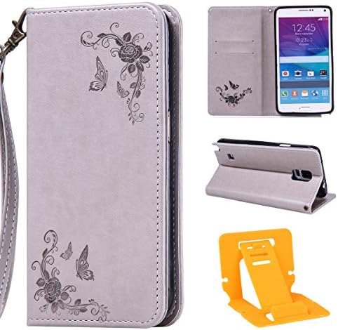 Samsung Galaxy Note 4 Cover, Samsung Note 4 Wallet Case, Ekakashop Samsung Galaxy Note 4 Bookstyle Wallet Case [with Lanyard Strap] Flip Leather Embossing Rose Flower Candy Colour Design Folio Magnetic Closure &amp; Credit Card Holder Slot Cover with Soft inner Silicone Gel Bumper Stand Protective Cover Case + 1x Kickstand - Gray