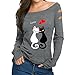 Produktbild FeiBeauty 2018 Damen Blusen Schulterfrei Katze Liebe Drucke Shirt Langarm T-Shirt Tops Bluse Off Shoulder Blusenshirt Freizeithemd Hemdbluse Langarmshirts Vintage Elegant Longsleeve Damenmode