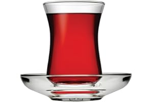 Pasabahce Design Set di 6 bicchieri da tè turchi da 120 cc e piattini (confezione in lingua italiana non garantita) - Bicchieri da tè turchi lavabili in lavastoviglie.