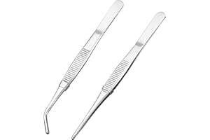 WOLMIK 2 PCS Bent Tweezers Blunt Tweezers 16cm / 6.3inch Stainless Steel Professional Non-Slip Long Straight Tweezer and Angled Tweezer Set for Aquatic Pets or Corals and Crafting Cooking Repairing
