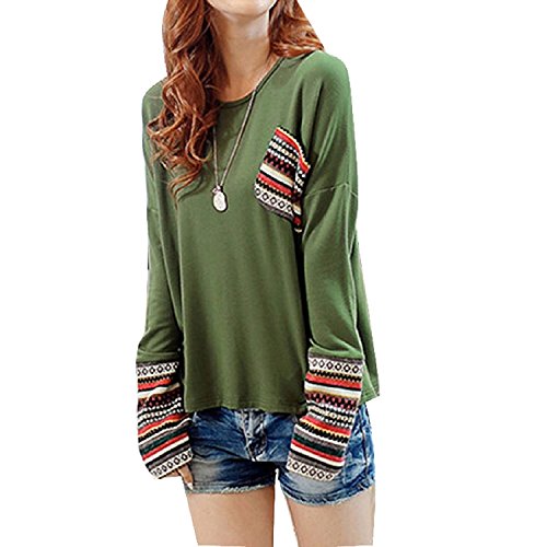 Minetome Women Plaid Checked Long Sleeve Round Neck Loose Shirt Blouse Tops ( Green )