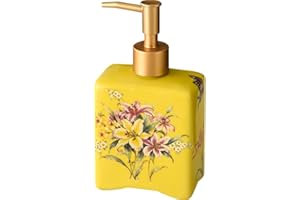 WAYUTO 12 Oz Vintage Soap Dispenser Ice Crack Ceramic Liquid Soap Dispenser Lotion Pump Bottle for Kitchen Countertop Bathroom Decorative Antique Floral Porcelain Hand Soap Dispenser Yellow Lily