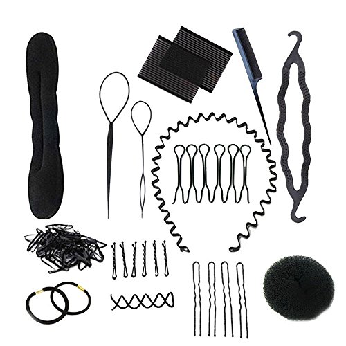 Leegoal(TM) Fashion Elastics, Pins Hair Design Styling Tools Kit for Bun Maker, Roller, Braid Twist,Black