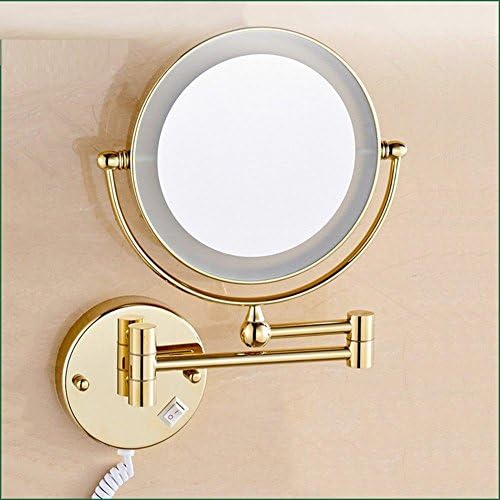 HomJo Golden Brass LED Light Makeup Mirrors 8" Round Dual Sides 3X /1X Mirrors Bathroom Cosmetic Mirror Wall Mount Magnifying Mirror, 1