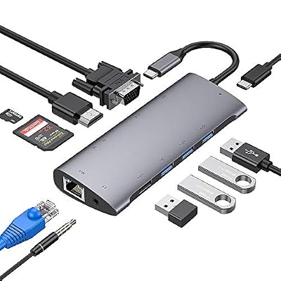 Strenter Hub USB C, 11 en 1 Adaptateur USB C avec Power Delivery 87W, 4K HDMI, VGA 1080P, Ethernet RJ45 Gigabit, Lecteur de Carte SD/TF, 3.5mm AUX Jack, USB 3.0/2.0, Compatible avec MacBook Pro