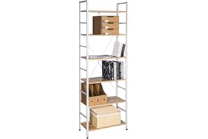 WOLTU Scaffale per Libri a 6 Piani, Libreria in piedi con Struttura in Metallo per Soggiorno/Camera da Letto/Studio, 60x27,5x180cm, Rovere Chiaro+Bianco, RGB9307whe