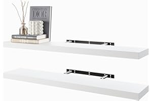 BAMEOS White Floating Shelves - 100cm - Wall Mounted Wooden Shelves with Invisible Brackets, Set of 2, Hanging Decoration for Bedroom, Bathroom, Living Room, Kitchen