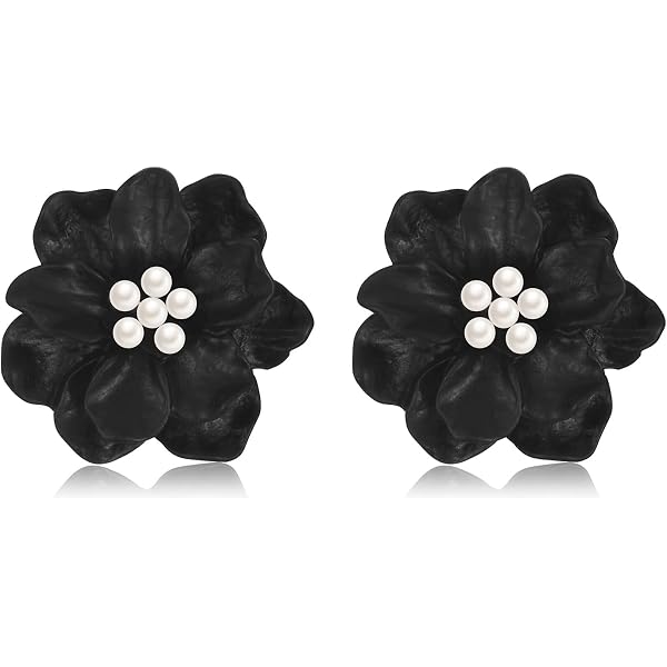 Chiffon Floral Statement Earrings - Big Fabric Petal Flower Dangle Earrings For Women (Black) - View #10