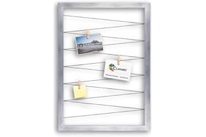 CLAMARO 'Collage Flex' Fotohalter 50x70 cm | Silber gebürstet | Bilderrahmen Fotorahmen Collage mit Gummibändern und Foto Holzklammern | Ideal als Galerie für Fotos oder Postkarten