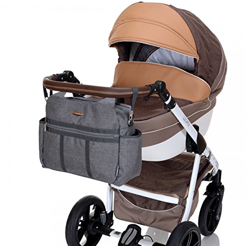 LCP Kids grosse Baby Wickeltasche PARIS GREY mit Wickelunterlage und vielen Fächern modern mit Universal Haken als Kinderwagen Befestigung für unterwegs - 5