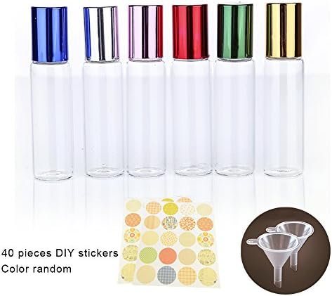 SONGER 6Pcs 10 ml Clear Essential Oil Roller Bottles for Essential Oil, Aromatherapy, Perfumes with 2 Funnels, 40Pcs Labels-(Random color Label)