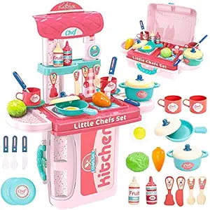 Sanghariyat Toys 3 in 1 Portable Cooking Set Kitchen Play Set Cooking Toys Children Mini Kitchen Play Set Realistic Miniature Chefs Pretend Play Dessert Food Party Role Toy for Boys Girls - Pink