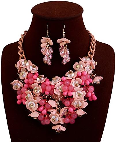 truecharms Fashion Choker Bib Necklace Multicolor Flower Crystal Collier Femme Brand Women Jewelry Statement Necklaces Collar (Pink with earrings)