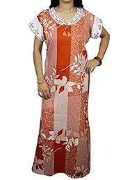 Indiatrendzs Women Cotton Nighty Floral Print Half Sleeve Maxi Nightwear 44" (Orange)