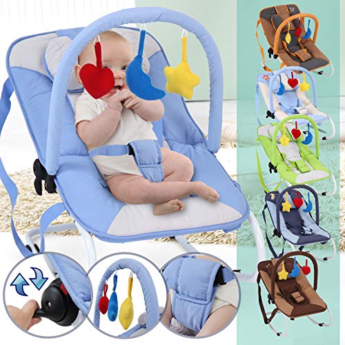 Infantastic Baby Balancín con sistema de seguridad de 3 puntos con estructura de metal de tubo de Estable con parte arco, 3 juguetes, color azul