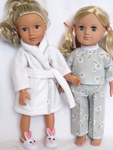 Dollies Boutique White dressing gown,and green daisy pyjamas with Bunny slippers to fit Designafriend, Sindy, My Generation and other 18" dolls