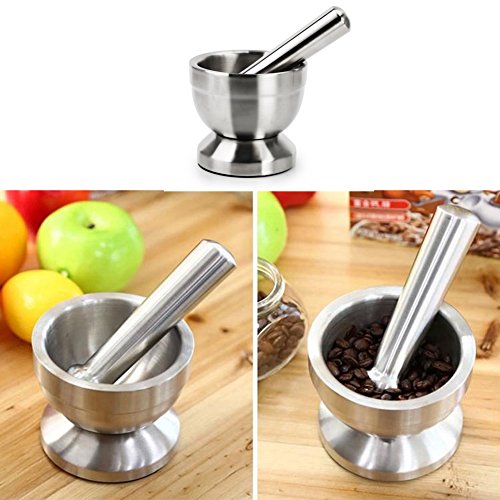 Fuloon Edelstahl Mörser mit Stößel Set Küche Spice Grinder für Kräuter und Gewürze Ø 10 cm (Silber) - 6