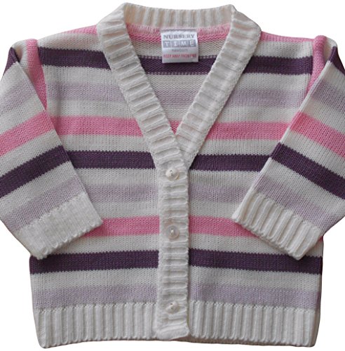 Newborn NB months - Baby Girls Pretty Knitted Cardigan - Creamy White with Purple and Pink Stripes