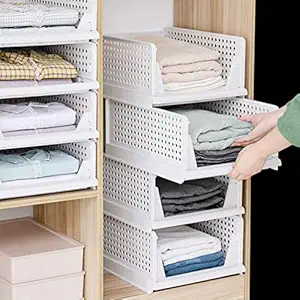 Aditya Polymers Wardrobe Organizer foldable and stackable, Pack of 3 (2 Large and 1 Small Organizer Trays Basket),Multi purpose plastic organizers for clothes shirts tops and shelf space usage for Home Organization and storage