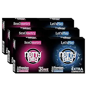 NOTTY BOY 3 In 1 Ribbed Dotted Contour Multitextured And Extra Lubricated Safe, Smooth Condoms pack (3sx6, 18 sheets)