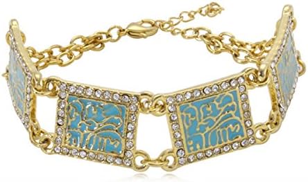Religion Muslim Calligraphy Bracelet Embossed 4 Plates Enamel Sky Blue 18K Gold Plated and CZ Crystals