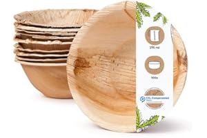 BIOZOYG 100x Cuenco de hoja de palma 275 ml redondo - Plato hondo desechable para sopa, cuenco para ensalada compostable - Vajilla de fiesta sostenible