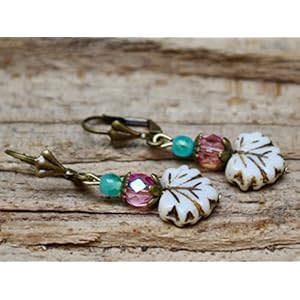 Vintage Ohrringe mit Glasperlen - Blätter - creme, rosa, azur & bronze