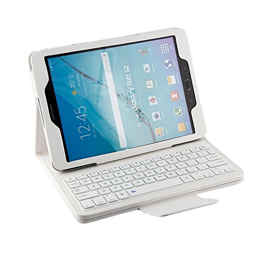 KVAGO Samsung Tab S2 9.7 Tastatur mit Hülle Abnehmbare Wireless Bluetooth QWERTY Tastatur Stilvolle PU Leder Flip Cover Stand Up Schutzhülle mit Tastatur für Samsung Galaxy Tab S2 SM-T815 SM-T810 + Displayschutzfolie + Eingabestift---Weiß