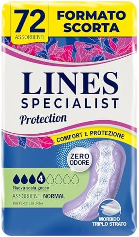Lines Specialist Protection Normal, Assorbenti per Incontinenza Donna, Tecnologia Zero Odore e Protezione Multistrato, Minimo Ingombro, Scorta Mensile, 6 Confezioni da 12 Unità
