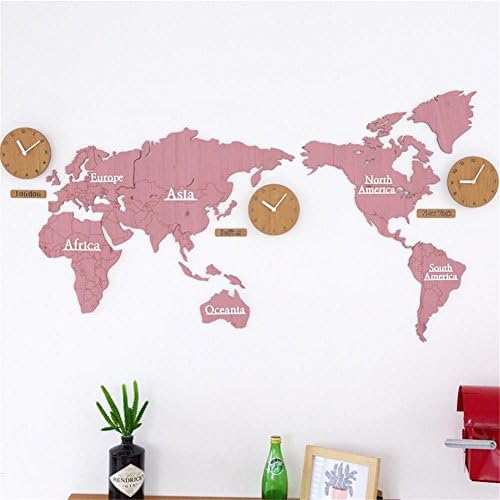 Acrylic Wall Mounted Mute Clock World Map Wall Stickers, Bedroom Background Decoration Pine Wood Clock , B