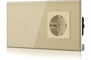 BSEED Interruptor táctil y enchufe pared,Panel de Vidrio con pulsador LED,Conmutador Modernos,Sin Función Wifi,1 Gang 1 Vía+1 Enchufe,157mm Oro