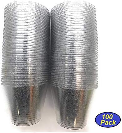 100 Count Silver Glitter 9 oz Party Cups Old Fashioned Tumblers by Oojami (Siver)